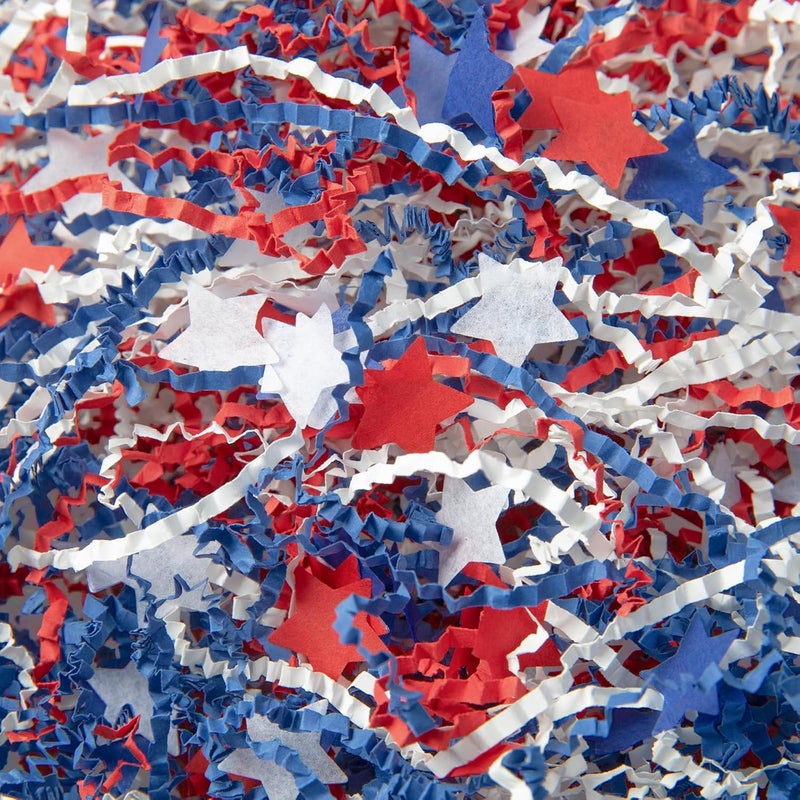 CIPOWM 16oz Patriotic Crinkle Cut Paper Shred, 3 Colors Red White Blue 4th of July Raffia Paper Shred Filler with Star Confetti Shredded Paper Grass for Gift Wrapping Craft DIY Gift Bag Box Filling Party Supply - Image 1
